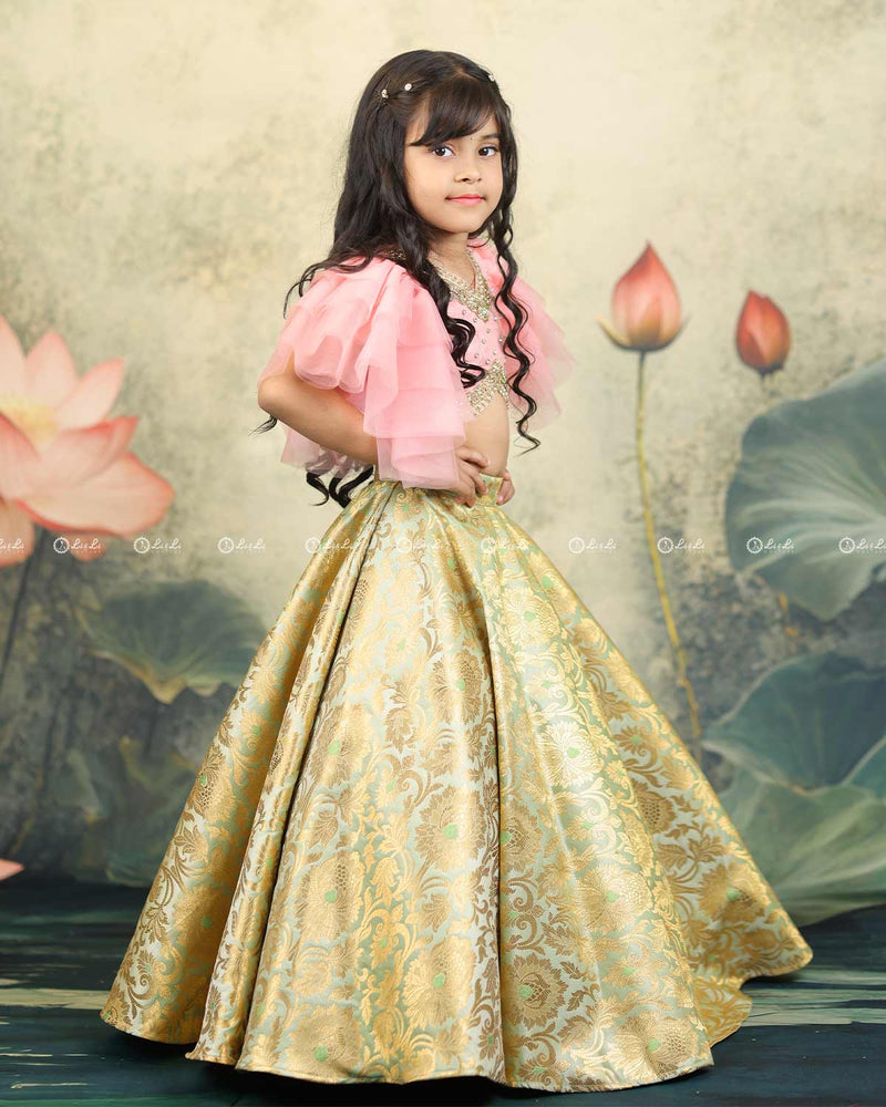 Pastel Green And Peach Brocade Lehanga Set