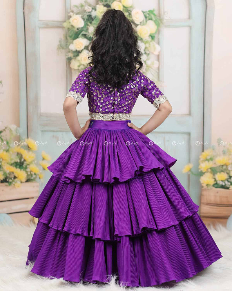 Purple Embroidery Crop Top With Pleated Layered Skirt www.liandli.in Purple Embroidery Crop Top With Pleated Layered Skirt www.liandli.in