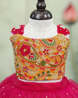 Sleeveless Embroided yellow Top With Red and Coral Pink Skirt (New)