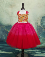 Sleeveless Embroided yellow Top With Red and Coral Pink Skirt (New)