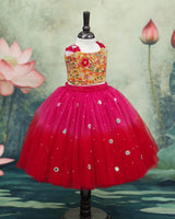 Sleeveless Embroided yellow Top With Red and Coral Pink Skirt (New)