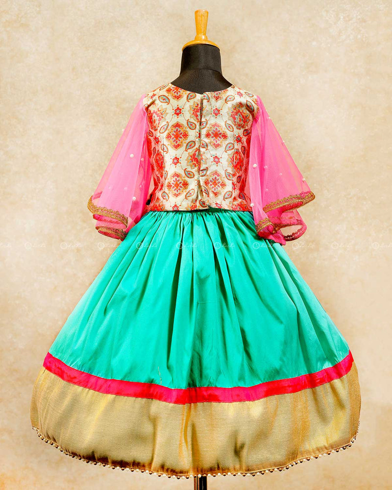 Pink Printed Net Flutter Sleeve Top And Teal Blue Skirt