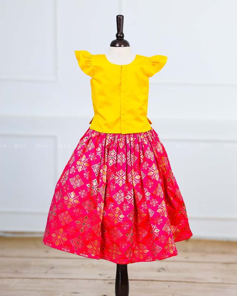 Yellow and Pink Rich Diamond Brocade Skirt and Top