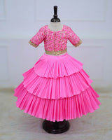 Baby Pink Embroidery Crop Top With Pleated Layered Skirt