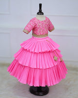 Baby Pink Embroidery Crop Top With Pleated Layered Skirt