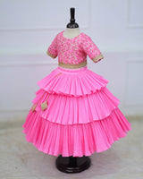 Baby Pink Embroidery Crop Top With Pleated Layered Skirt