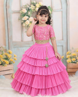 Baby Pink Embroidery Crop Top With Pleated Layered Skirt