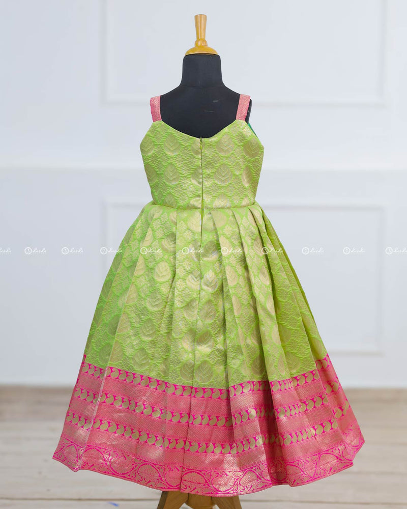 Lotus theme green brocade gown with lotus petal peplum hand crafted top