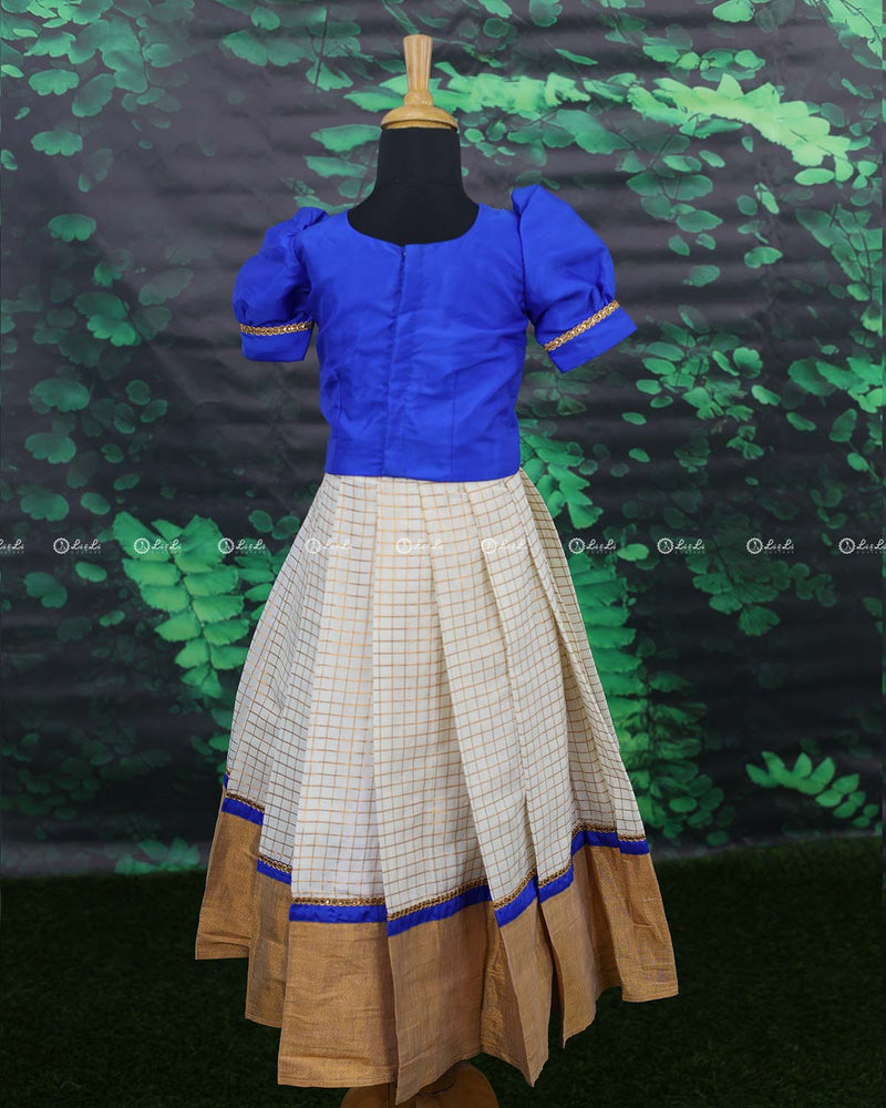 Royal blue with checked kerala kasavu skirt and top