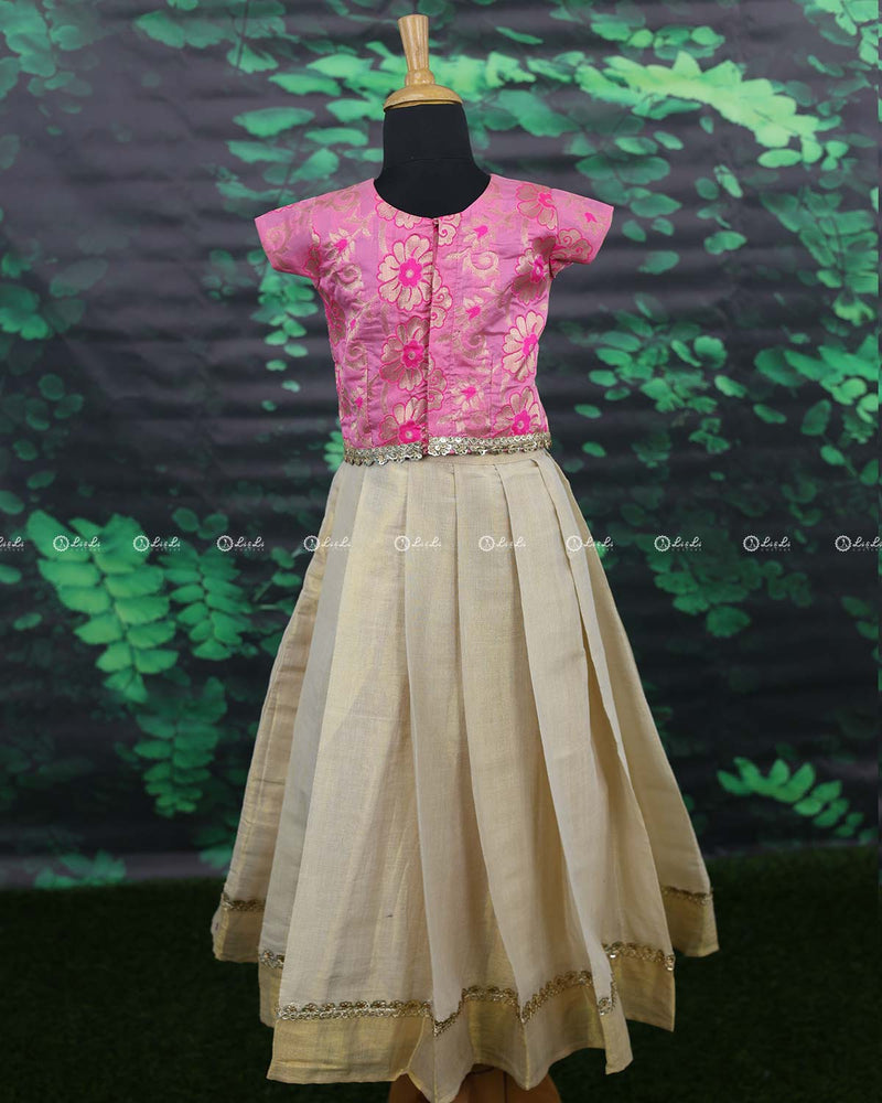 Pink brocade with golden tissue pattupavada set