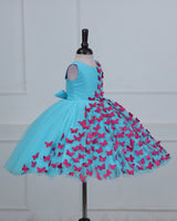 Aqua Marine Blue Partywear Frock with Spreaded Rani Pink Butterflies