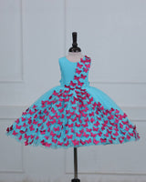 Aqua Marine Blue Partywear Frock with Spreaded Rani Pink Butterflies