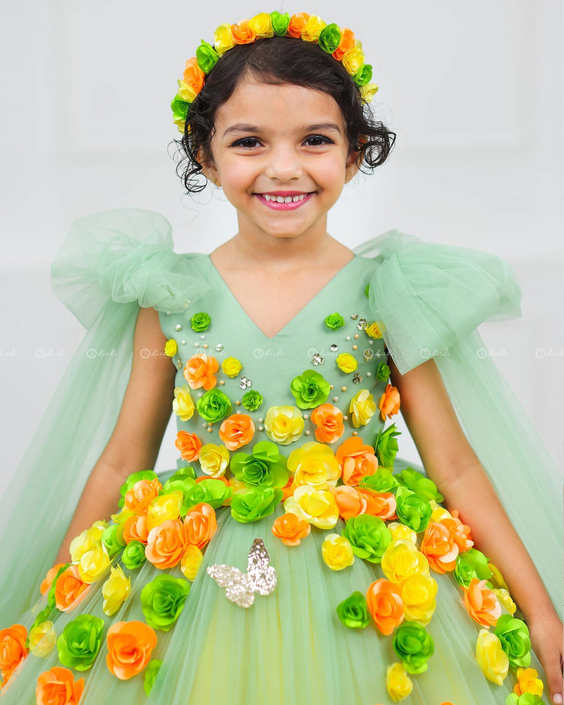 Tea Green & Candy Yellow Flower Frock with Long Bow Sleeves