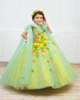 Tea Green & Candy Yellow Flower Frock with Long Bow Sleeves