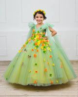 Tea Green & Candy Yellow Flower Frock with Long Bow Sleeves