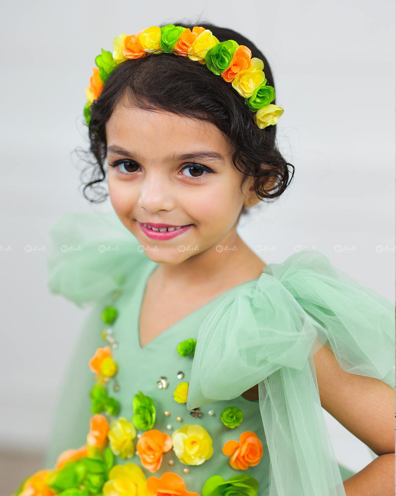 Tea Green & Candy Yellow Flower Frock with Long Bow Sleeves