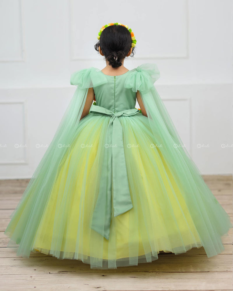 Tea Green & Candy Yellow Flower Frock with Long Bow Sleeves