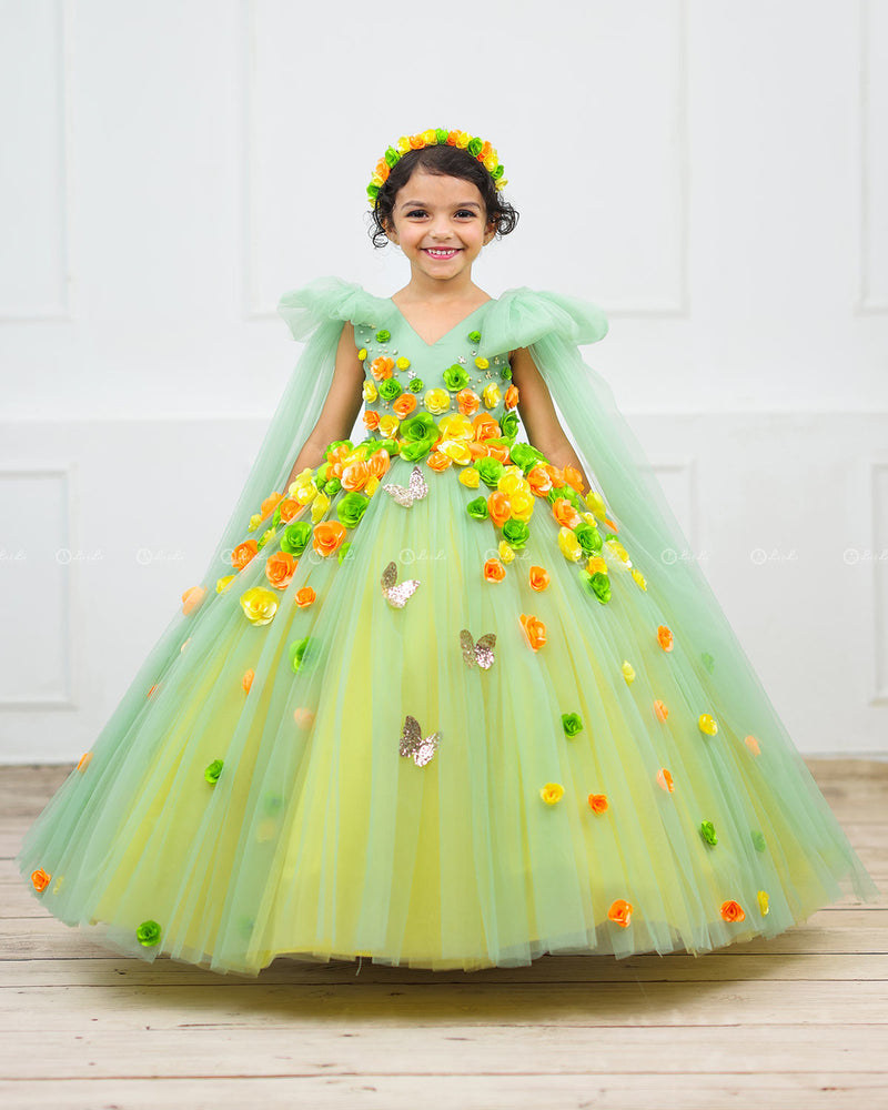 Tea Green & Candy Yellow Flower Frock with Long Bow Sleeves