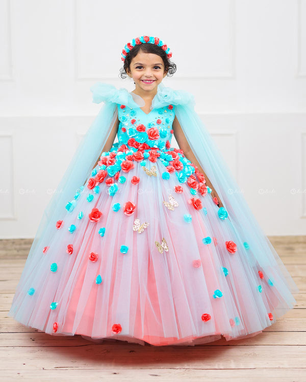 Aqua Blue & Coral Flower Frock with Long Bow Sleeves