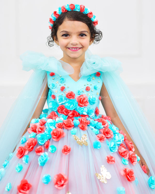 Aqua Blue & Coral Flower Frock with Long Bow Sleeves