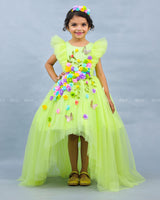 Neon Green HIgh Low Frock with Multicolour Flowers & Leaves