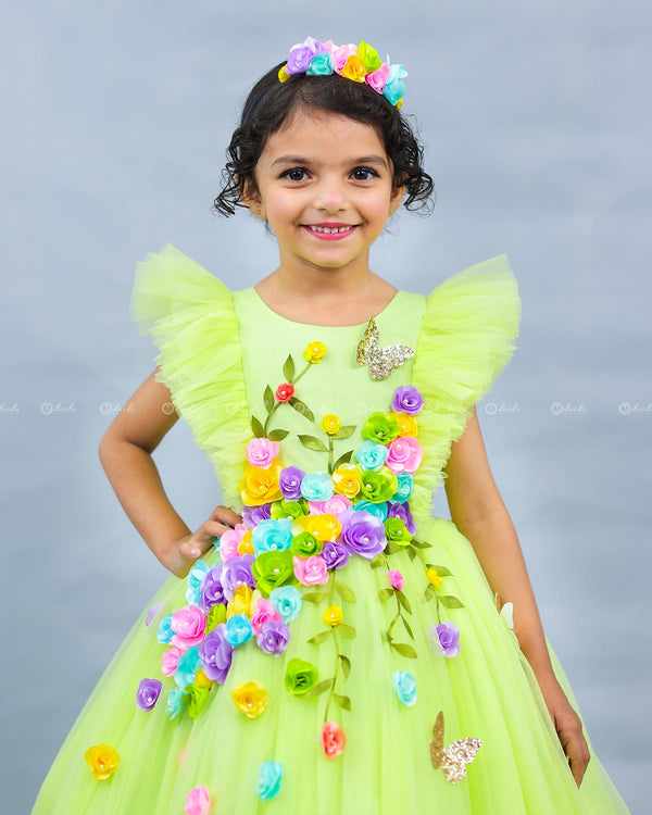 Neon Green HIgh Low Frock with Multicolour Flowers & Leaves