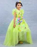 Neon Green HIgh Low Frock with Multicolour Flowers & Leaves