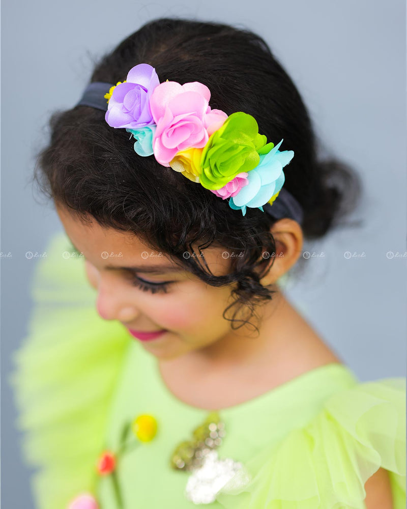 Neon Green HIgh Low Frock with Multicolour Flowers & Leaves