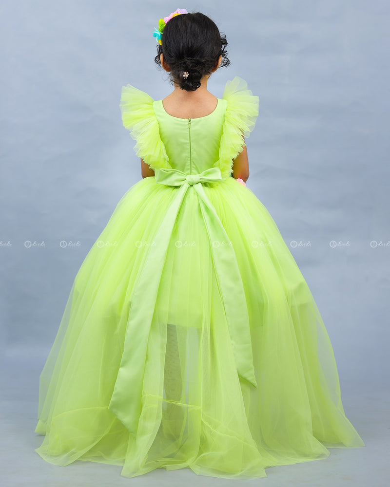 Neon Green HIgh Low Frock with Multicolour Flowers & Leaves