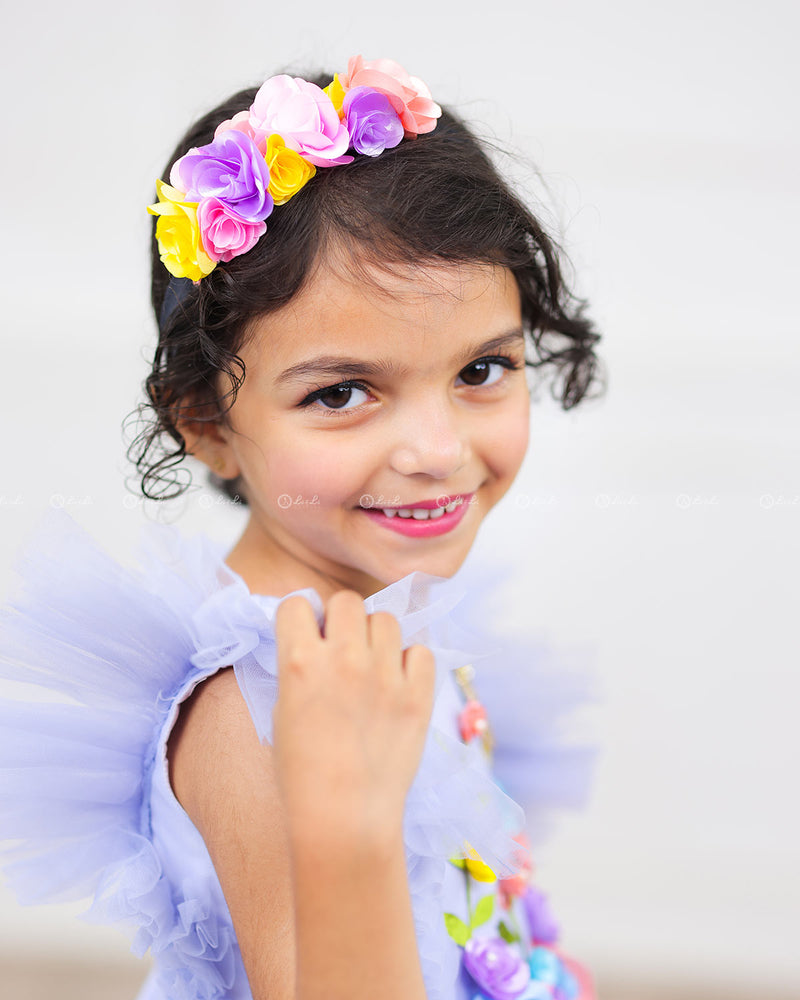 Powder Blue HIgh Low Frock with Multicolour Flowers & Leaves