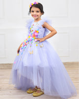 Powder Blue HIgh Low Frock with Multicolour Flowers & Leaves