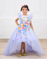 Powder Blue HIgh Low Frock with Multicolour Flowers & Leaves