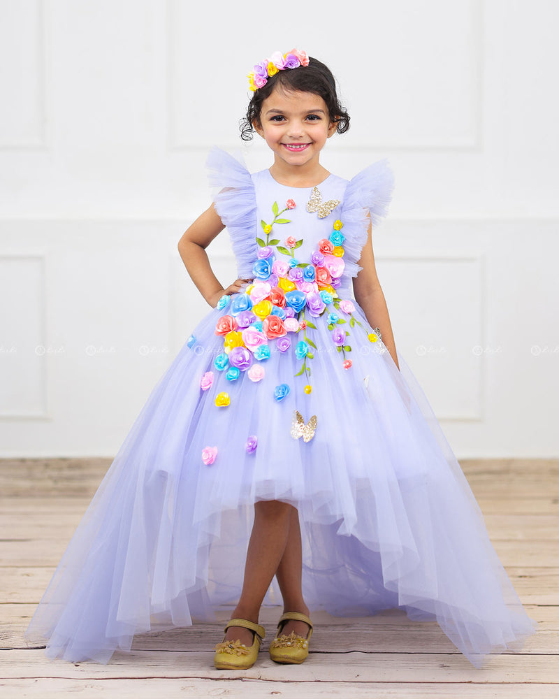 Powder Blue HIgh Low Frock with Multicolour Flowers & Leaves