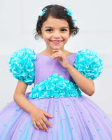 Lavender & Aqua Blue Frock with Ball Flower Sleeves