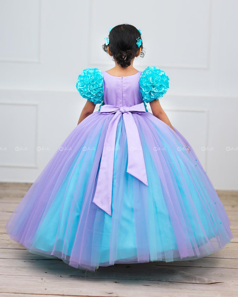 Lavender & Aqua Blue Frock with Ball Flower Sleeves