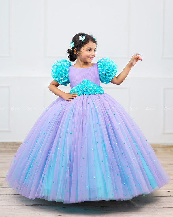 Lavender & Aqua Blue Frock with Ball Flower Sleeves