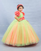 Tea Green & Coral Frock with Ball Flower Sleeves