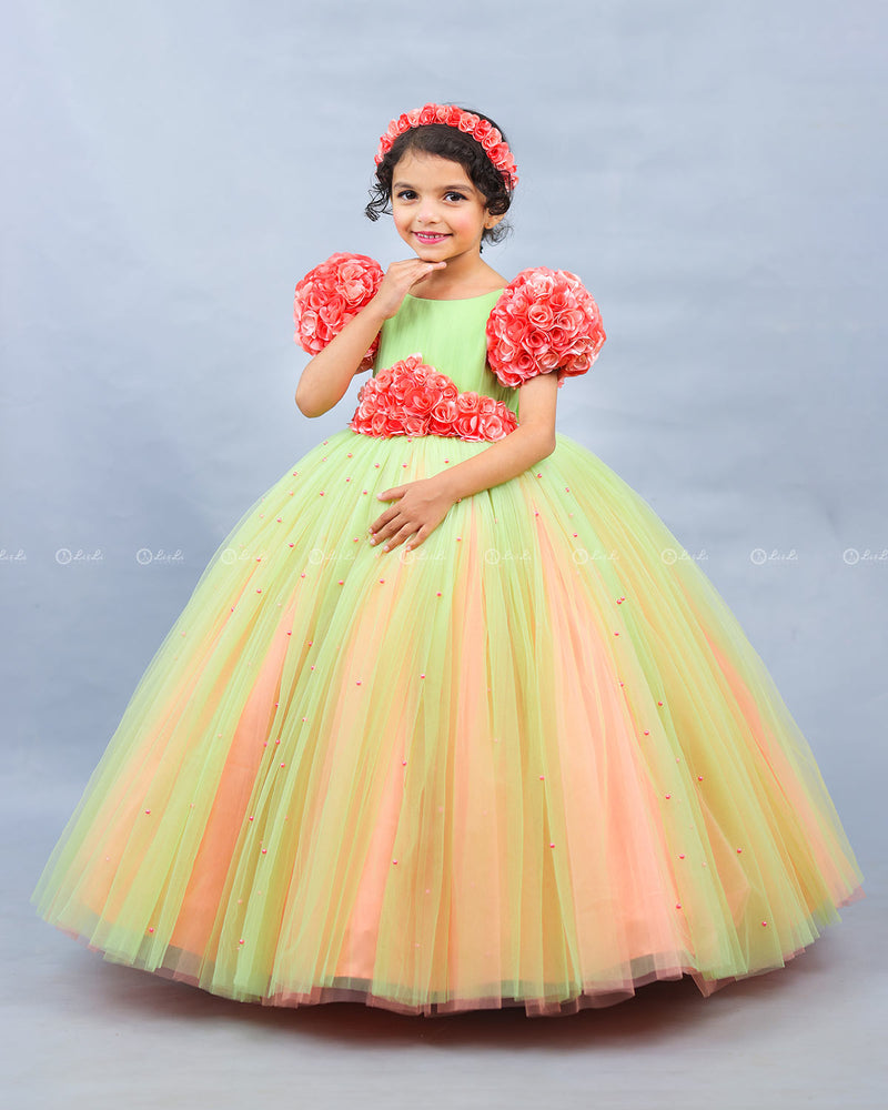 Tea Green & Coral Frock with Ball Flower Sleeves