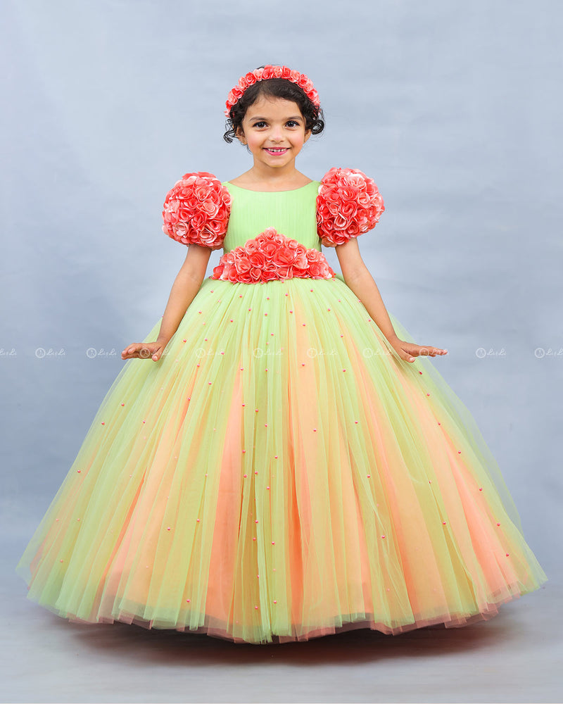 Tea Green & Coral Frock with Ball Flower Sleeves