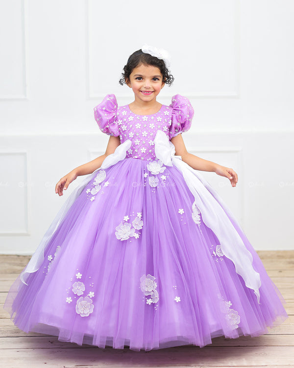 Lavender Pink Gown with White Flower Applique Detailing & White Long Bow