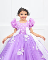 Lavender Pink Gown with White Flower Applique Detailing & White Long Bow