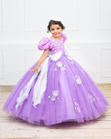 Lavender Pink Gown with White Flower Applique Detailing & White Long Bow