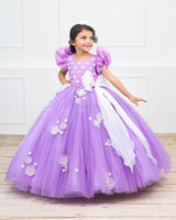 Lavender Pink Gown with White Flower Applique Detailing & White Long Bow