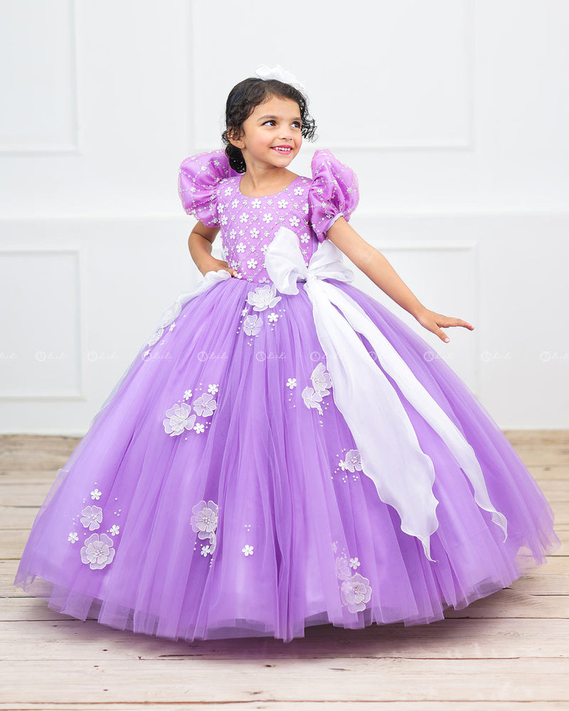 Lavender Pink Gown with White Flower Applique Detailing & White Long Bow