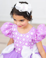 Lavender Pink Gown with White Flower Applique Detailing & White Long Bow