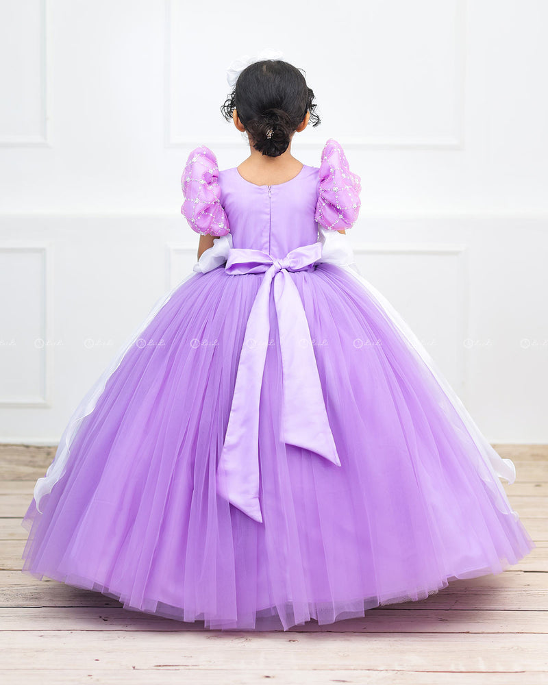 Lavender Pink Gown with White Flower Applique Detailing & White Long Bow