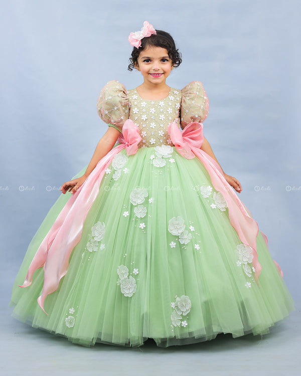 Sage Green Gown with White Flower Applique Detailing  & Blush Pink Long Bow