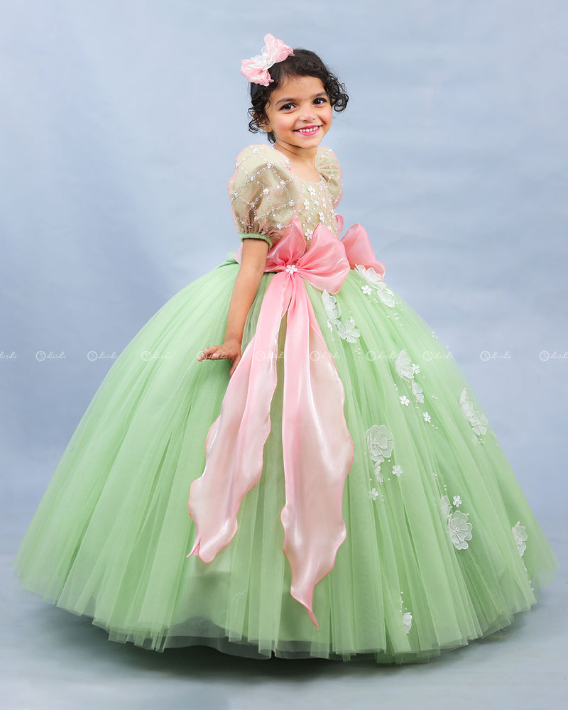 Sage Green Gown with White Flower Applique Detailing  & Blush Pink Long Bow