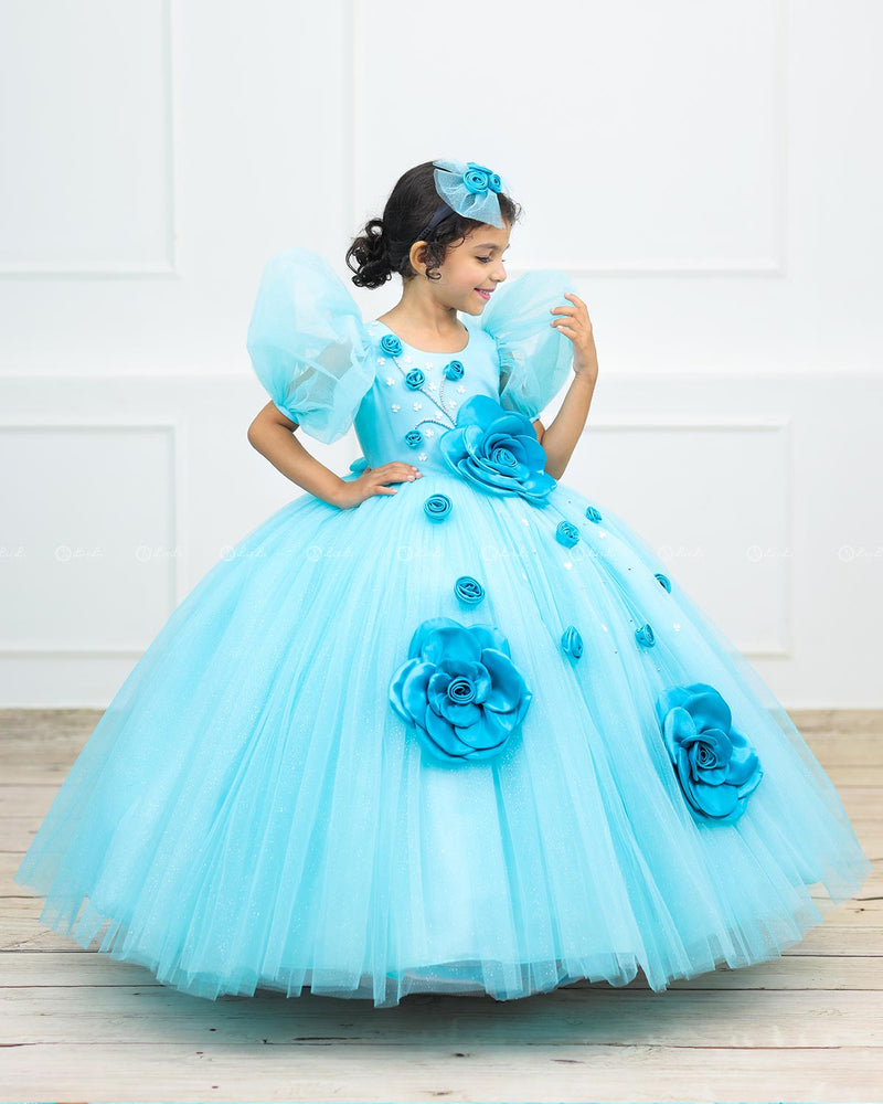 Sky Blue Ball Gown with 3D Satin Flowers & Silver Embellishments