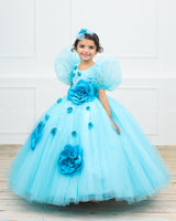 Sky Blue Ball Gown with 3D Satin Flowers & Silver Embellishments